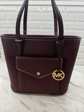 Michael Kors Plum Saffiano Tote with Gold MK Charm